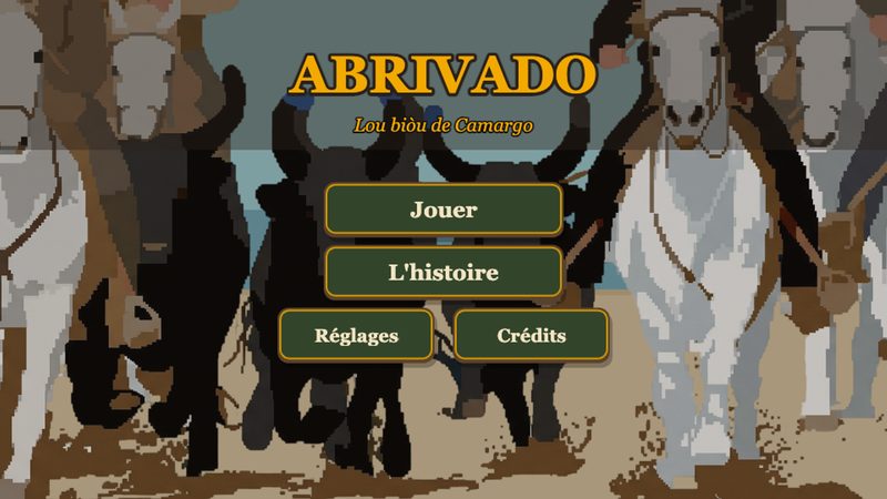 Écran-titre du jeu Abrivado, une abrivado camarguaise en pixel-art